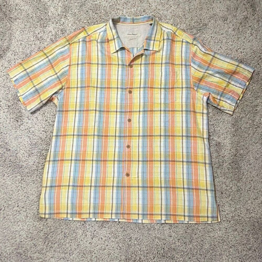 Tommy Bahama Silk Button Up Shirt XL Original Fit Plaid Short‎ Sleeve